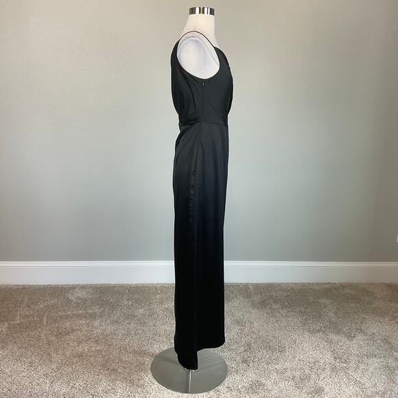 Black Satin One Shoulder Cocktail Dress Size 6 High Low Thigh Slit Shift by AQUA - Picture 3 of 11